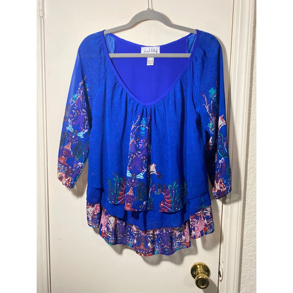 Joseph Ribkoff Royal Blue Paisley Tiered Ruffle Blouse Top Women's Size 6‎